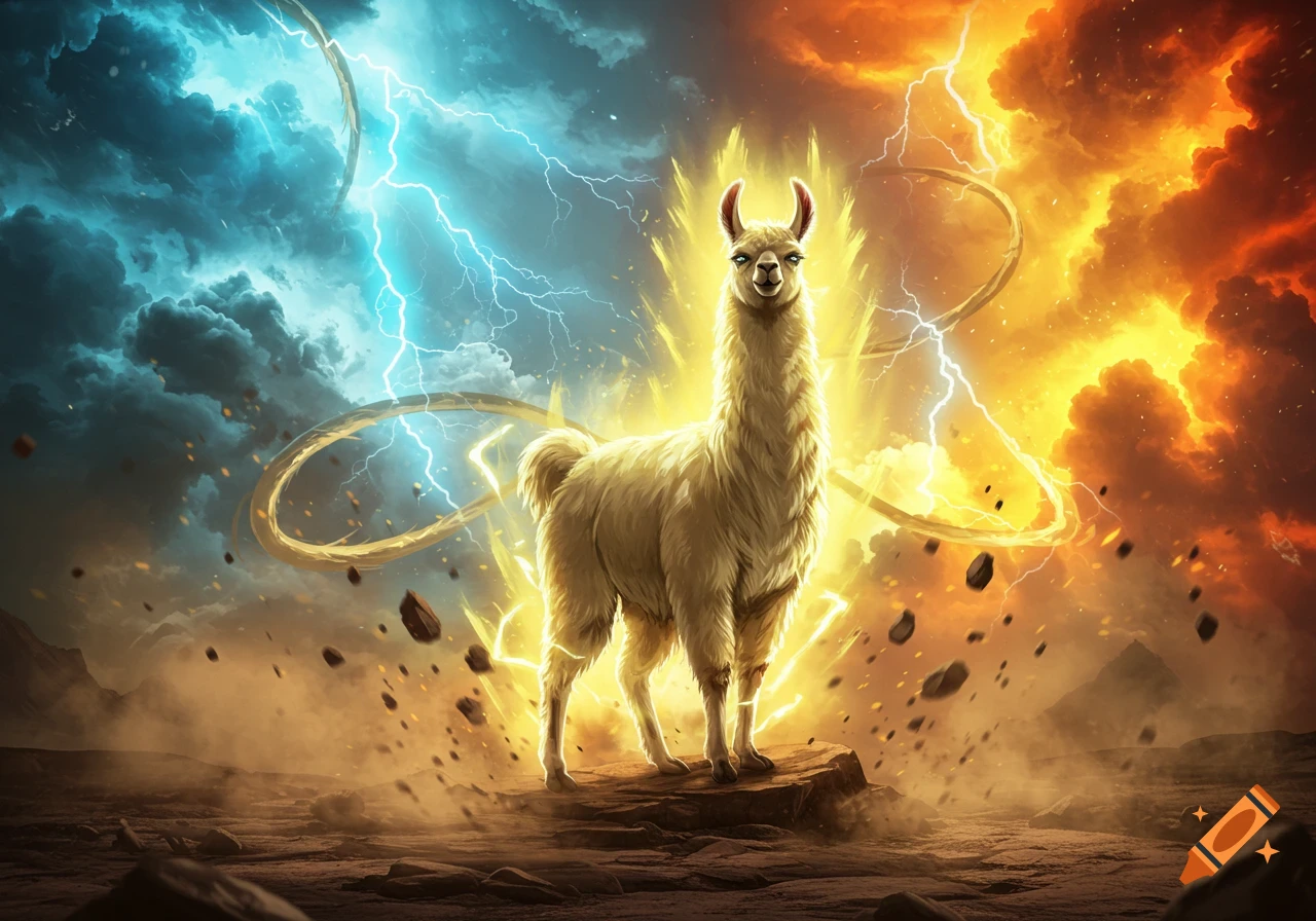A powerful llama glows with golden energy, amidst blue and orange lightning and flying debris, standing on a rock.