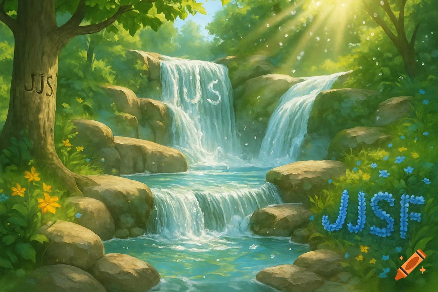 A vibrant, lush green forest scene with multiple cascading waterfalls and sun rays filtering through the trees. Letters 'JJS' are carved into a tree, 'US' appears in a waterfall, and 'JJSF' is formed by blue flowers near the water's edge.