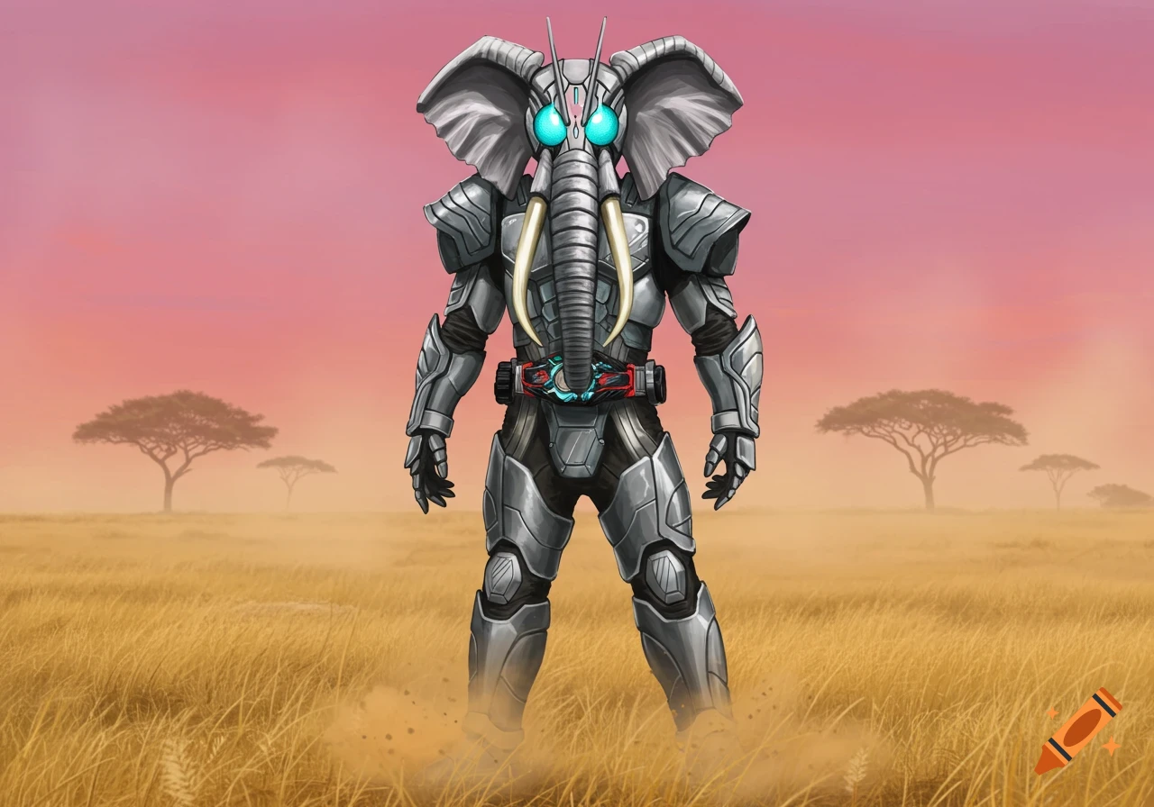 An elephant-themed armored superhero with bright blue eyes stands in a grassy savanna under a pink and orange sky.