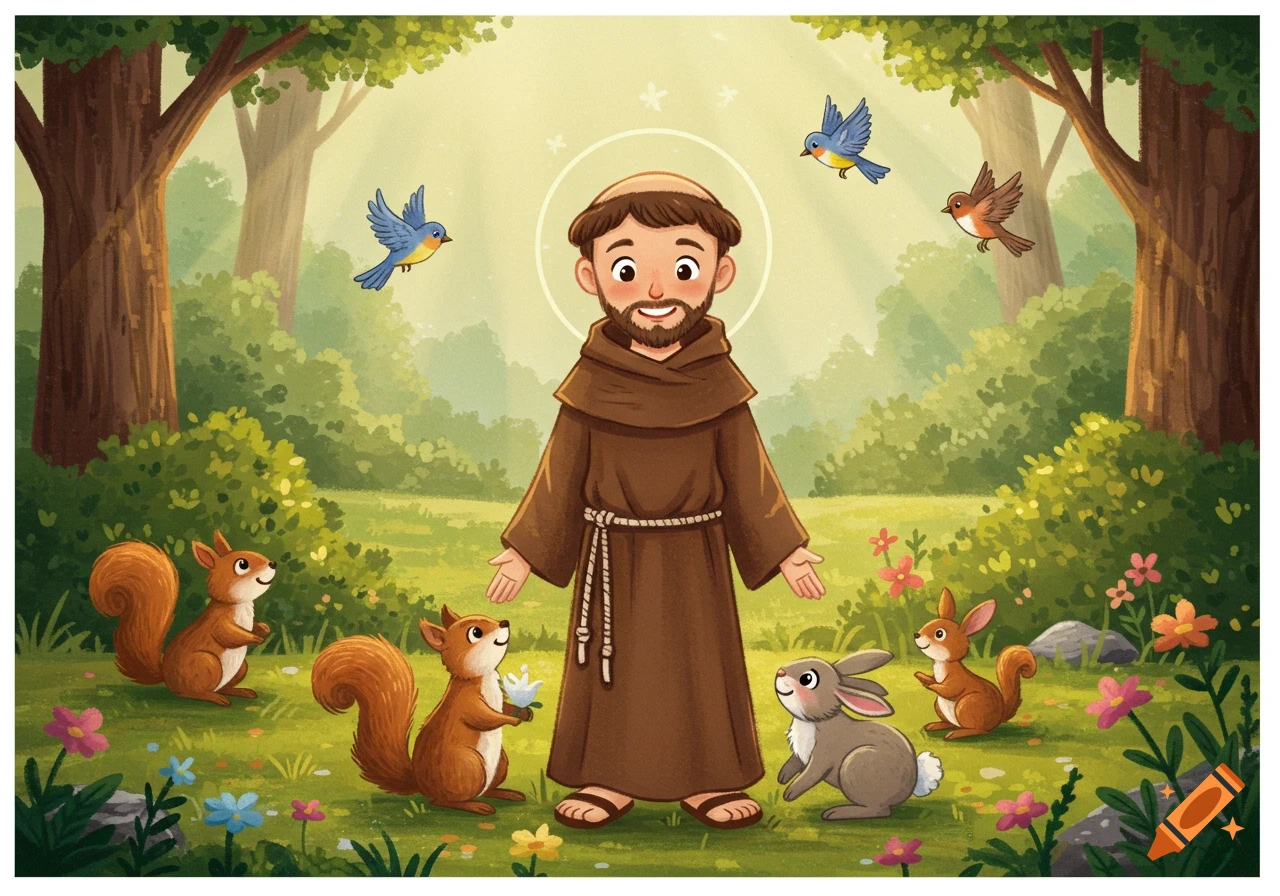 Child-friendly illustration of Saint Francis of Assisi in a forest, surrounded by squirrels, rabbits, and birds.