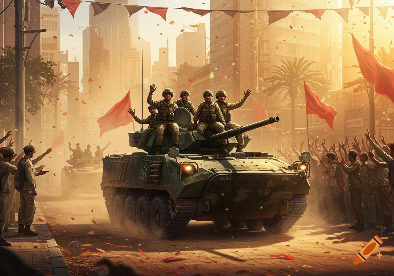 Soldiers wave from a military armored vehicle on a city street during a parade with confetti falling and a cheering crowd.