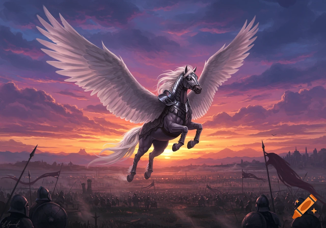 An armored Pegasus with white wings flies over a battlefield at sunset in a detailed fantasy painting.