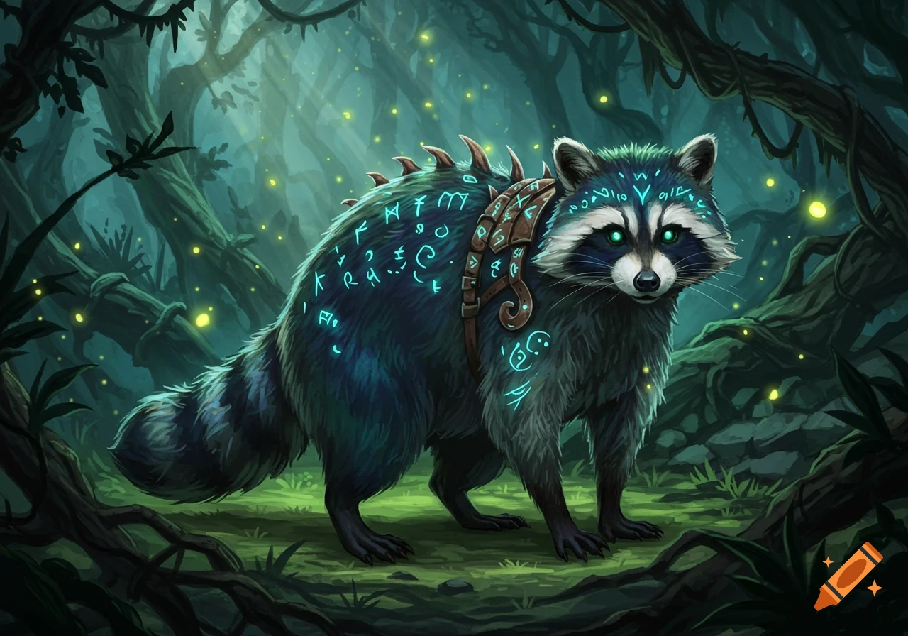 A fantasy raccoon with glowing blue runes and a harness stands in a dark, magical forest with glowing fireflies.