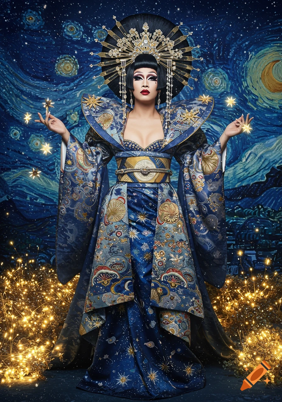 Drag queen in ornate blue and gold kimono-style gown and large headpiece, against a Starry Night background with glowing stars.