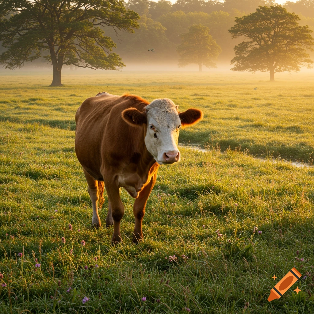 A brown and white cow stands in a sunlit, misty green field with trees in the background.