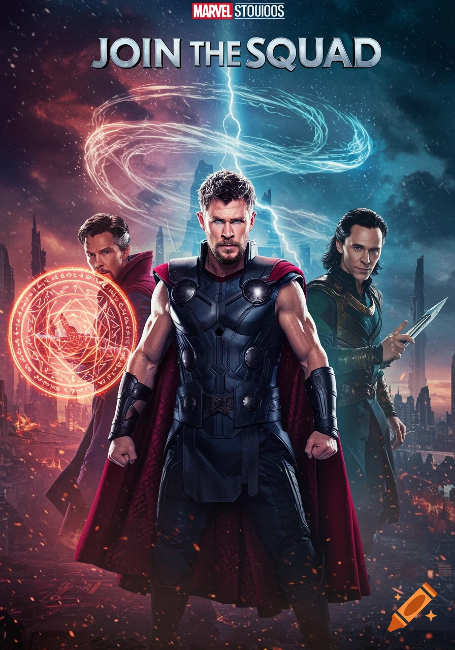 A movie poster featuring Thor, Doctor Strange, and Loki standing against a cosmic background with lightning and magic.