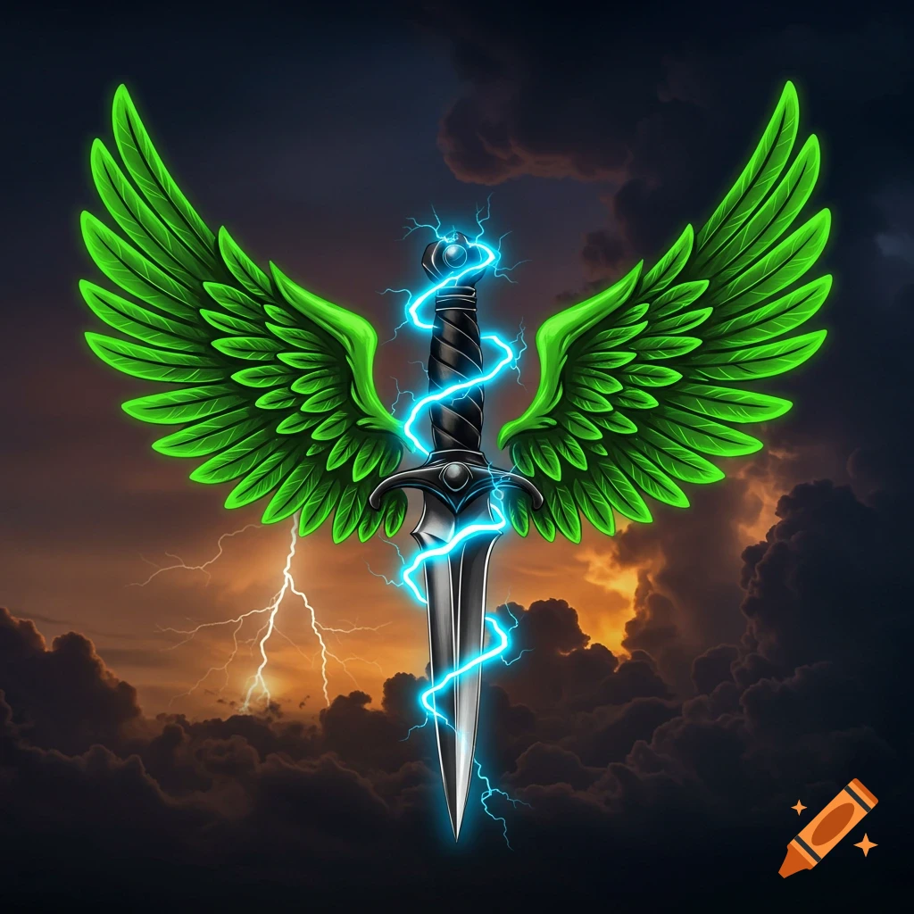 A dagger with vibrant green wings and blue lightning striking around its hilt, set against a stormy, cloud-filled sky with distant lightning.