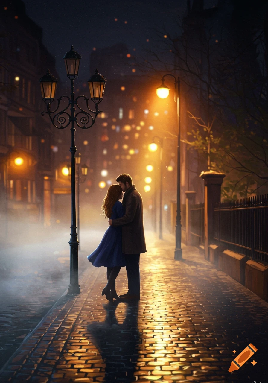 A couple embraces on a misty, wet cobblestone street at night, illuminated by warm streetlights. Digital art.