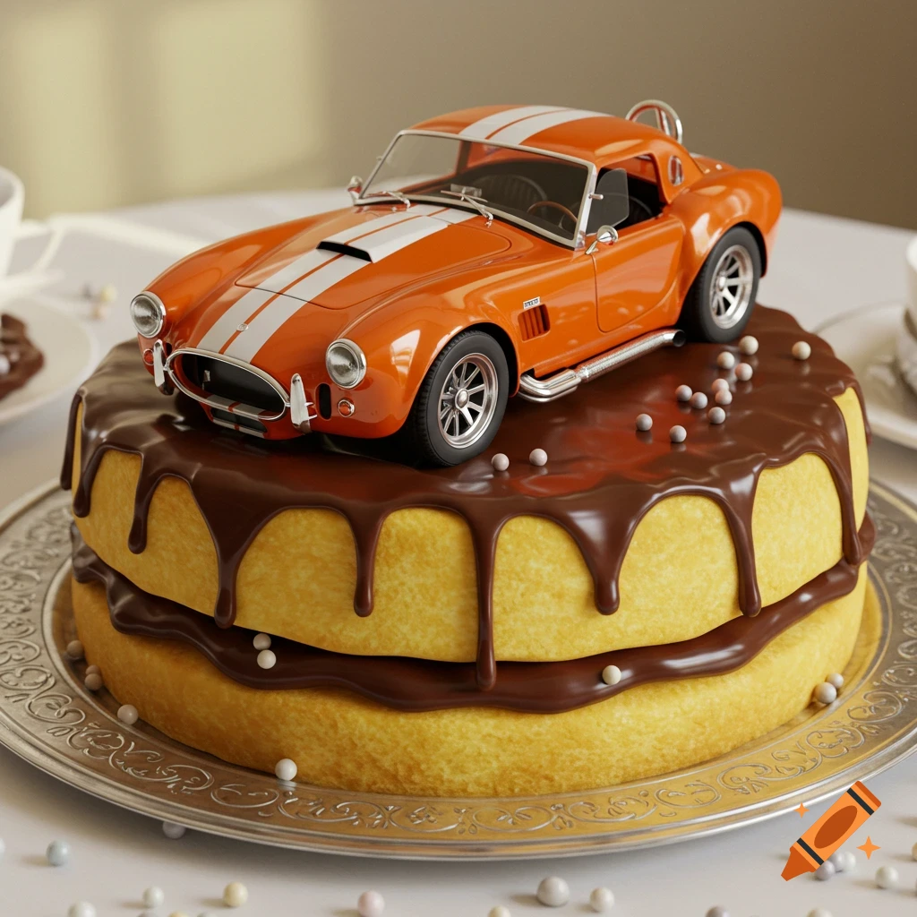 Photorealistic image of an orange Shelby Cobra car model on a yellow cake with chocolate frosting and sprinkles.