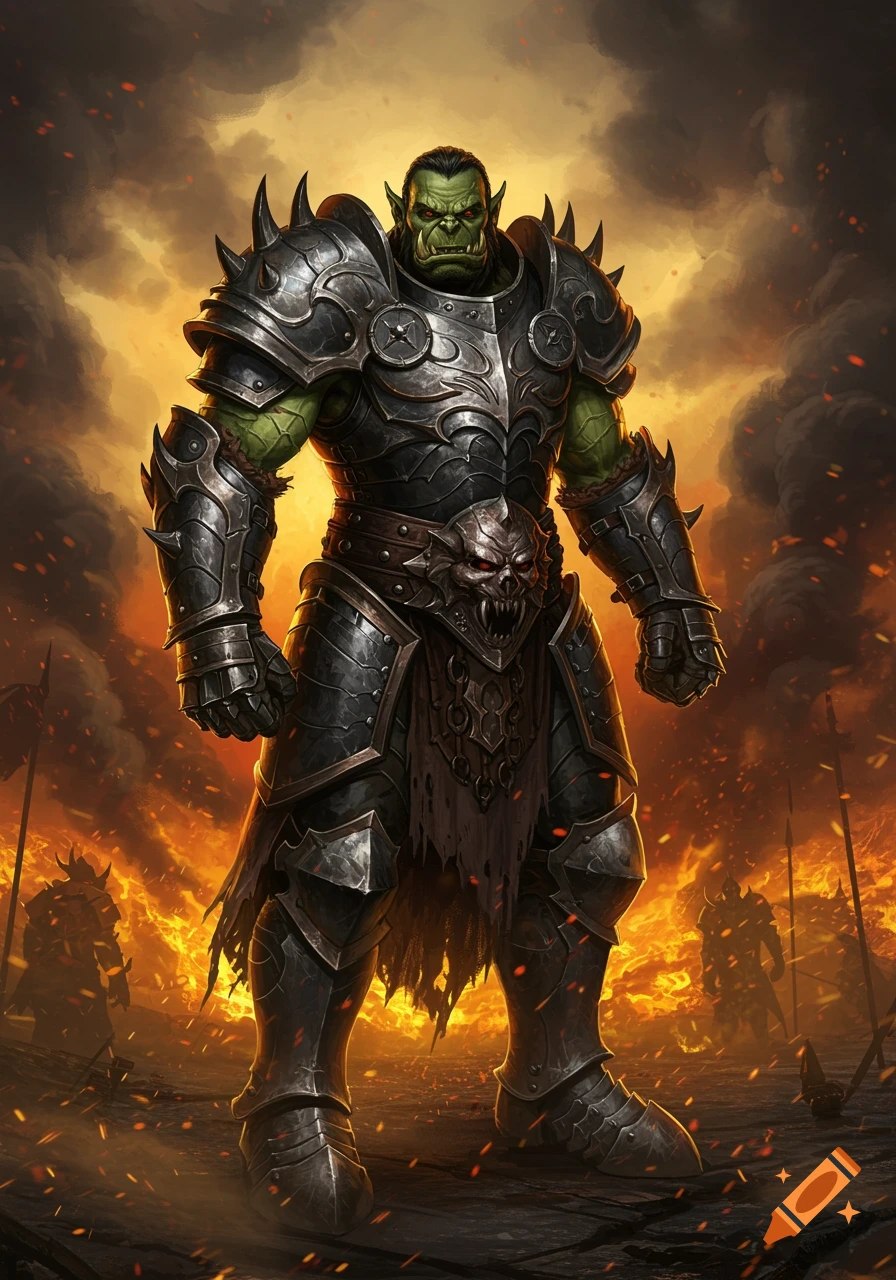 An orc warrior in full plate armor stands in a fiery, smokey landscape with other figures in the background.