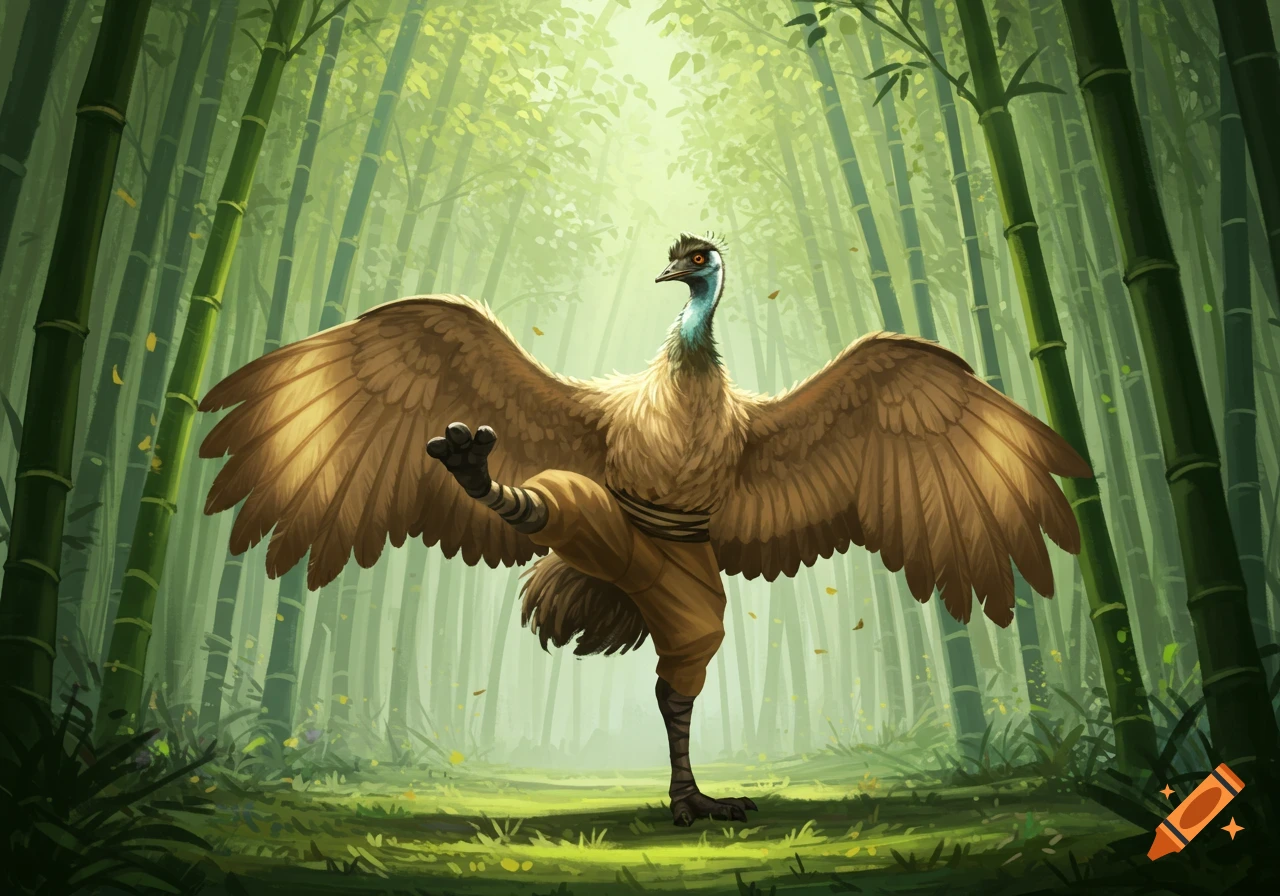 An emu in a martial arts pose with wide wings, standing on one leg in a bamboo forest, lit by sunlight.