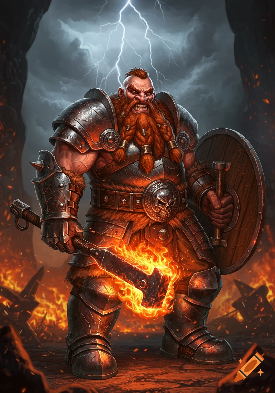 An angry dwarf warrior in armor holds a flaming hammer and shield under a stormy, lightning-filled sky.