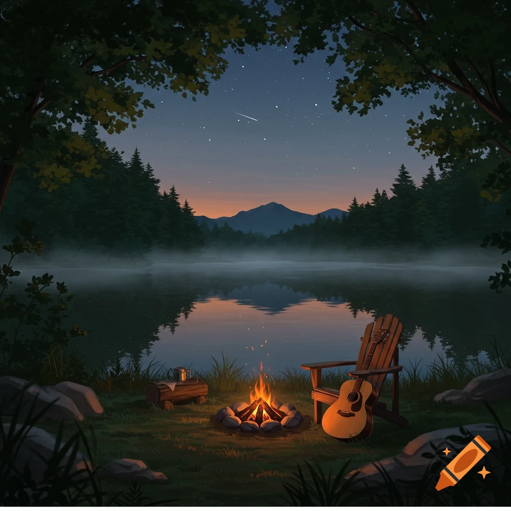 A serene campsite at twilight by a misty lake, with a glowing campfire, an Adirondack chair, and a guitar, surrounded by forest and mountains under a starry sky.