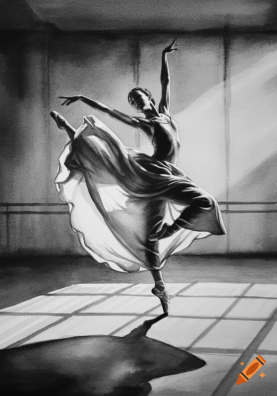 Black and white watercolor painting of a ballerina in a flowing dress dancing elegantly in a sunlit studio.