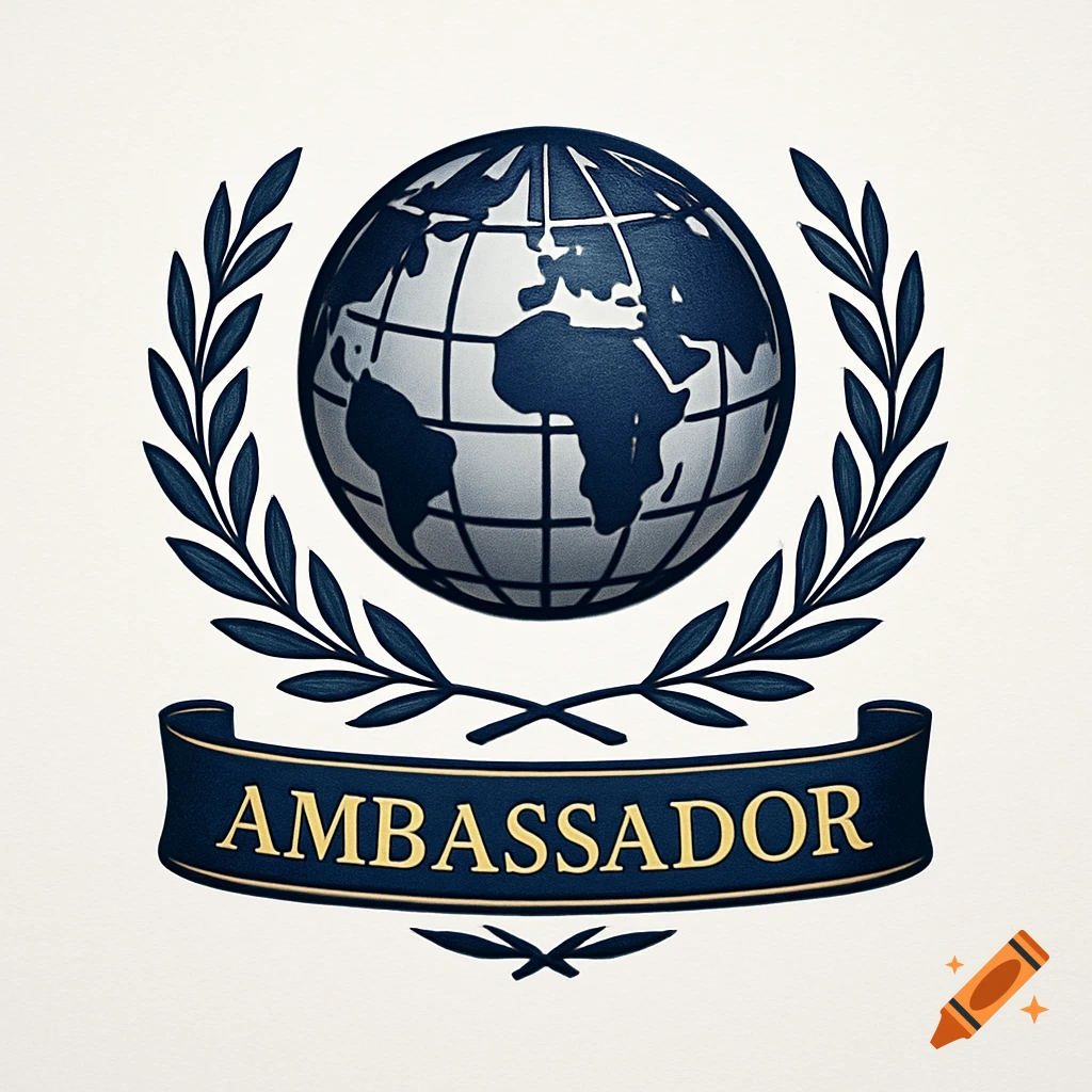 A stylized blue and gold logo featuring a globe encircled by a laurel wreath, with the word "AMBASSADOR" on a banner below.
