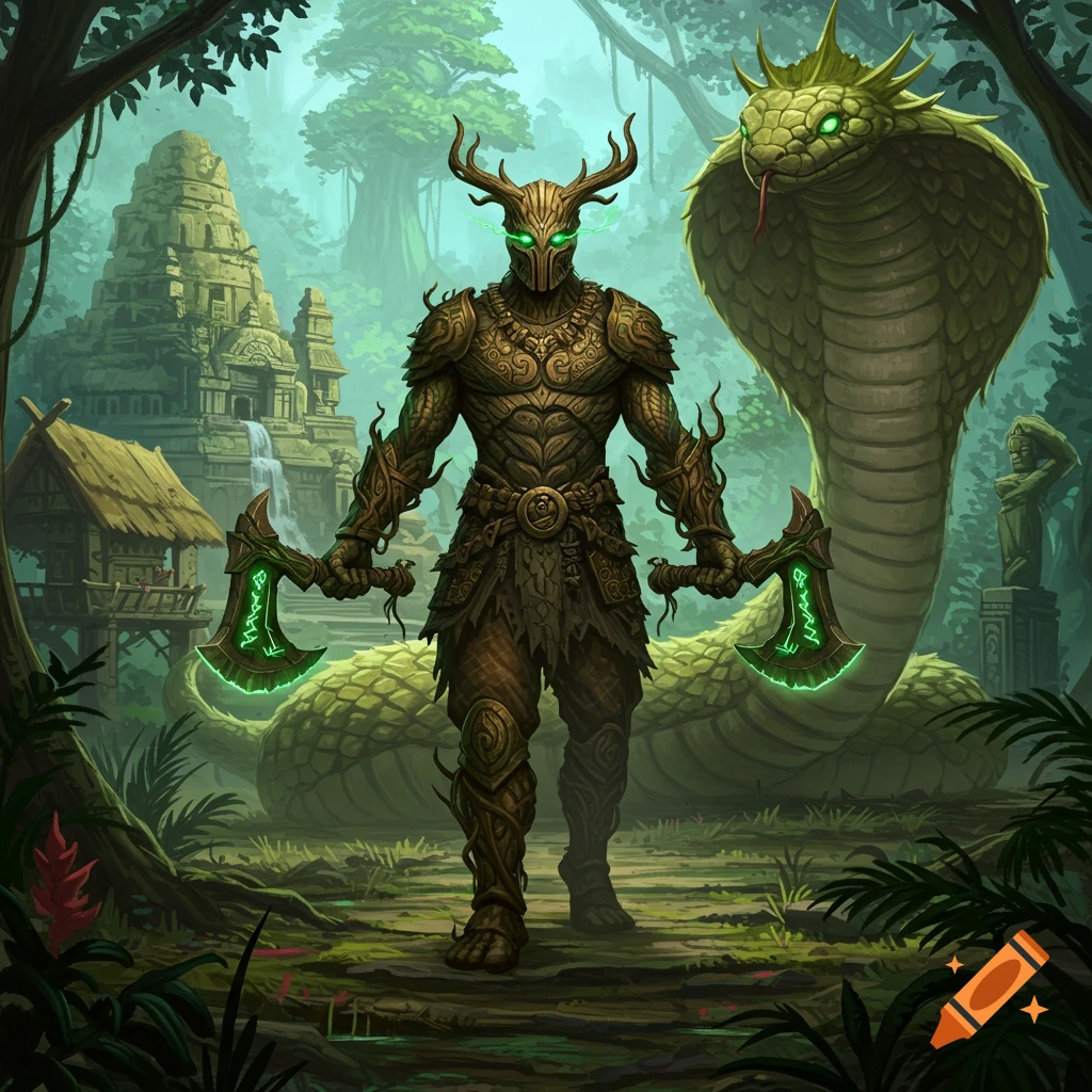 A warrior in bark-like armor with glowing green eyes and horned helmet holds two glowing axes in a lush jungle with ancient ruins and a giant cobra.