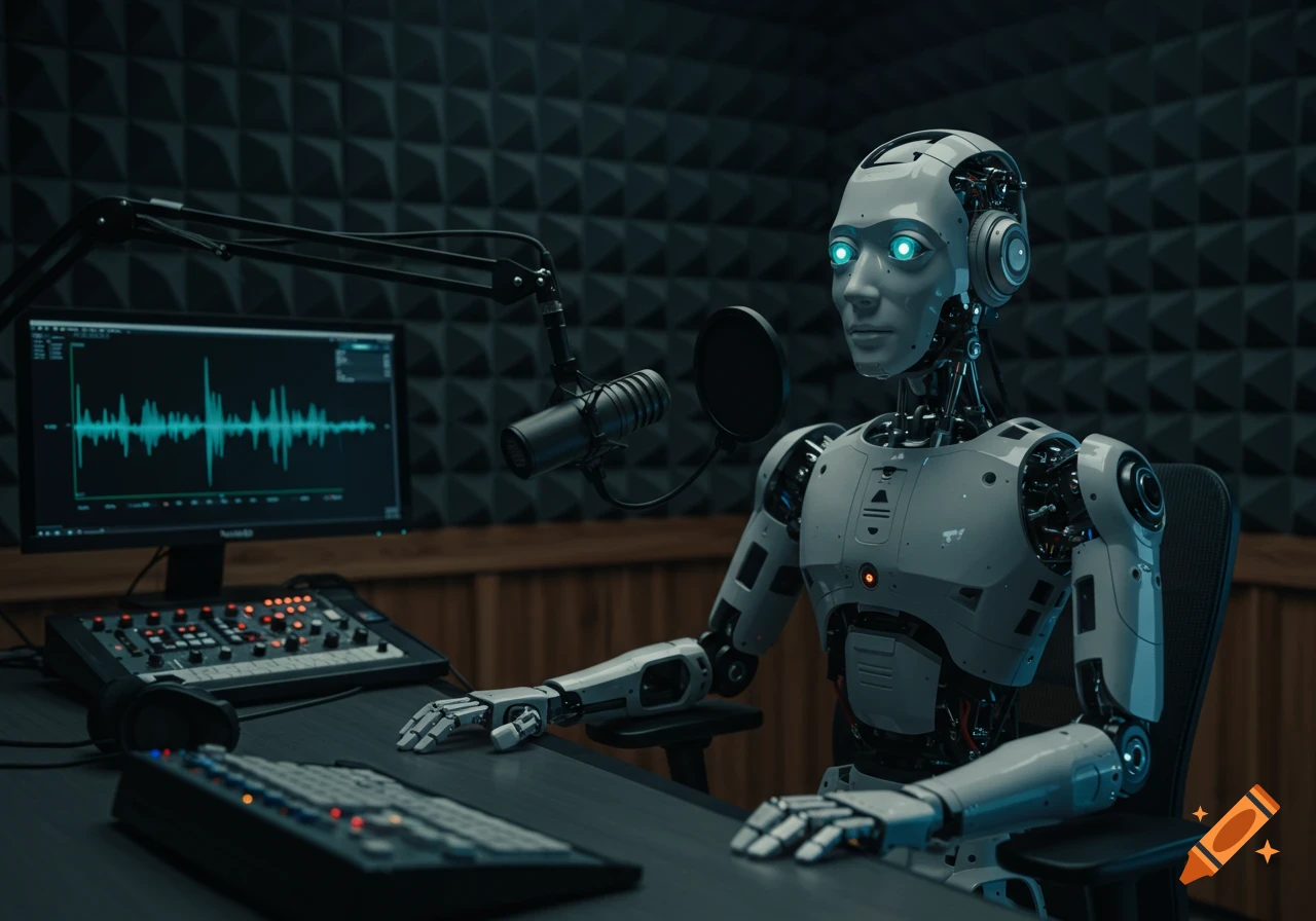A photorealistic robot sitting at a desk in a soundproofed podcast studio, with a microphone and audio equipment.