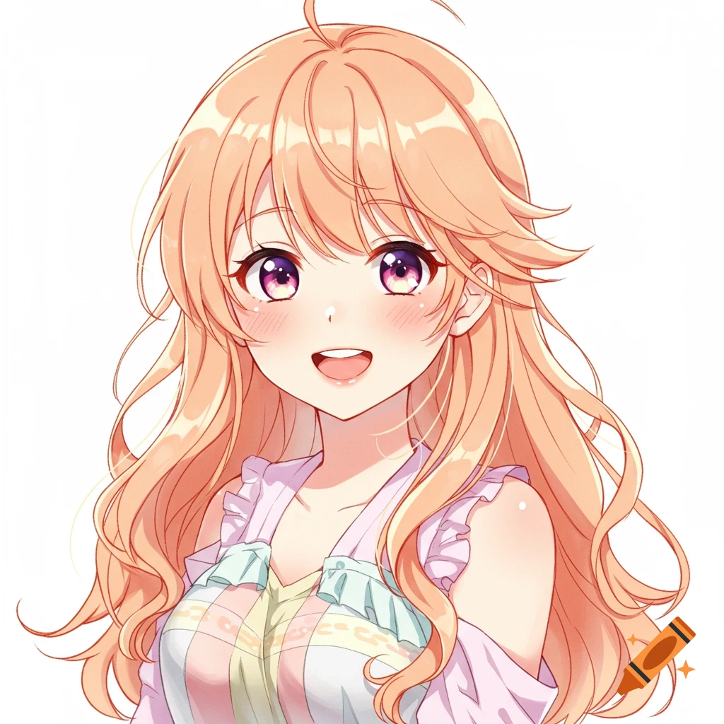 Smiling anime girl with long, wavy peach hair and purple eyes, against a white background.