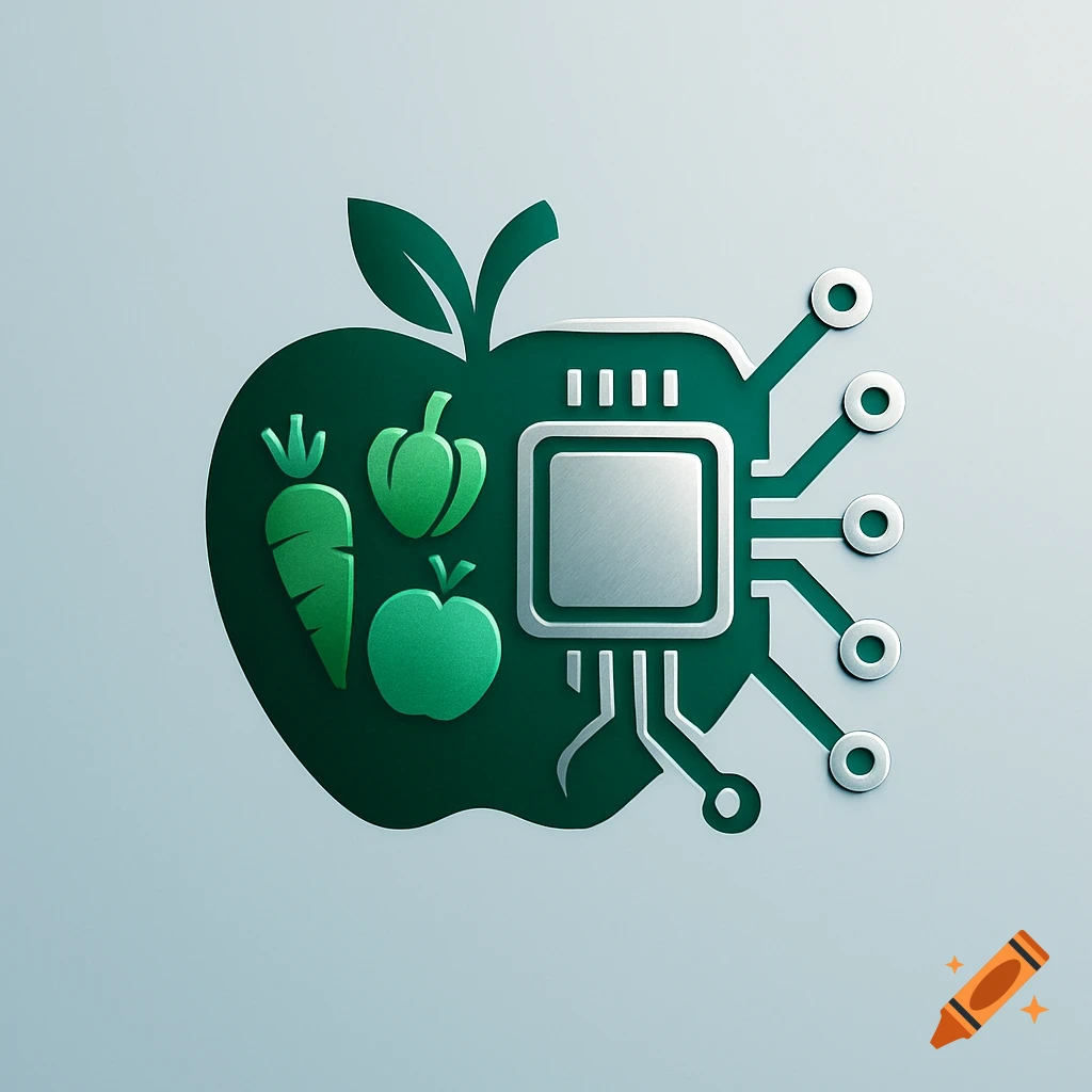 A stylized green apple logo design containing a silver computer chip and smaller green icons of a carrot, a bell pepper, and an apple, all on a light background.