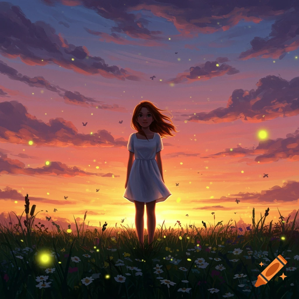 A young girl stands in a field of flowers and tall grass under a vibrant sunset sky with fireflies, in a digital painting style.