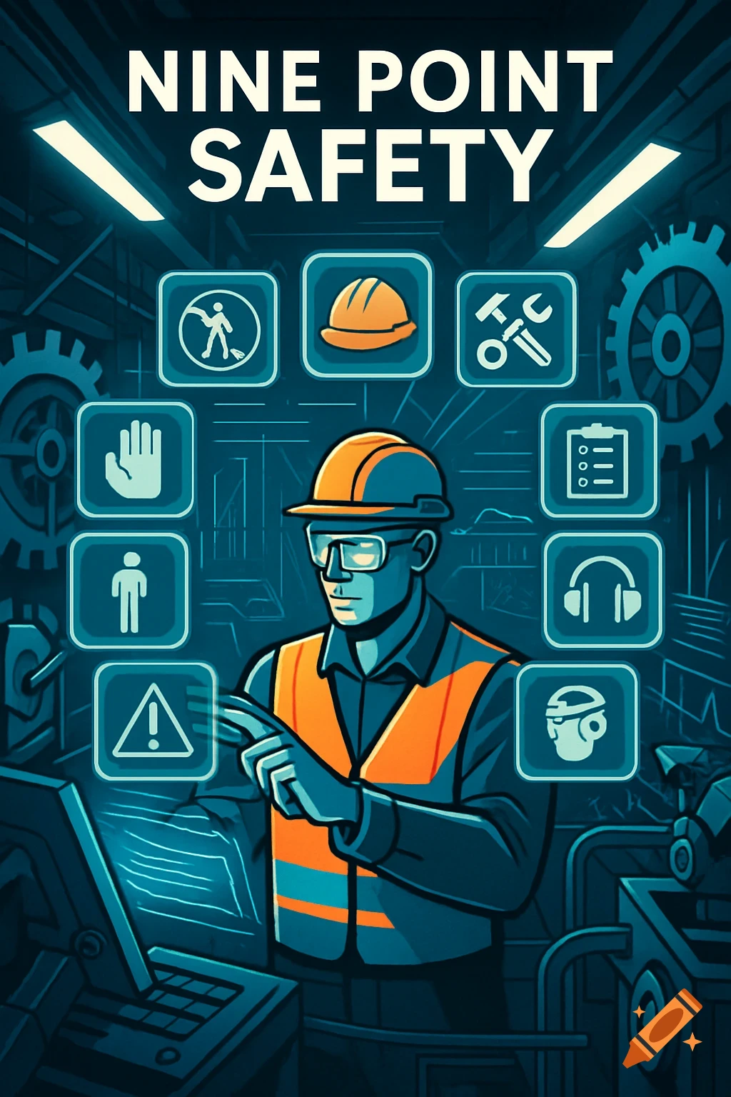Stylized illustration of a safety worker with icons and "NINE POINT SAFETY" text.