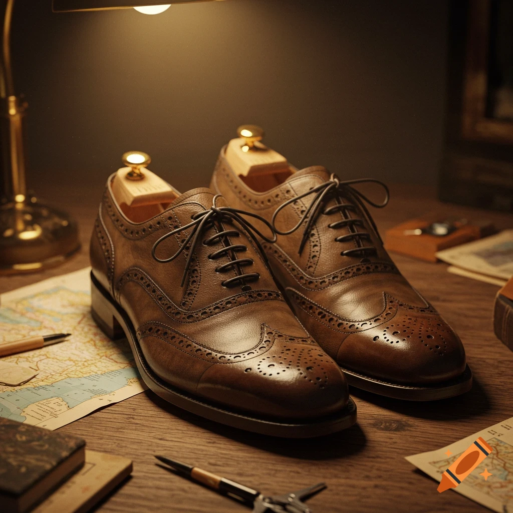 A pair of brown leather brogue shoes with shoe trees on a wooden desk with a map, pen, and book, illuminated by a warm lamp light.