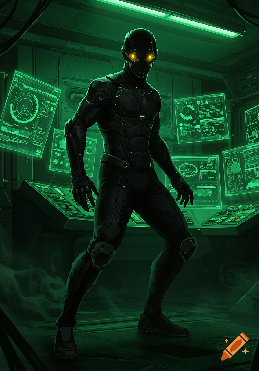 A futuristic character in a dark suit with glowing eyes stands in a green-lit control room filled with computer screens.