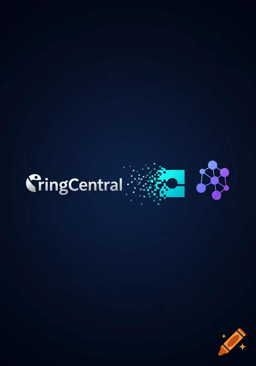 A graphic showing the white RingCentral logo dissolving into teal pixels, then a teal square with a hole, and finally a purple network-like structure, all on a dark blue background.