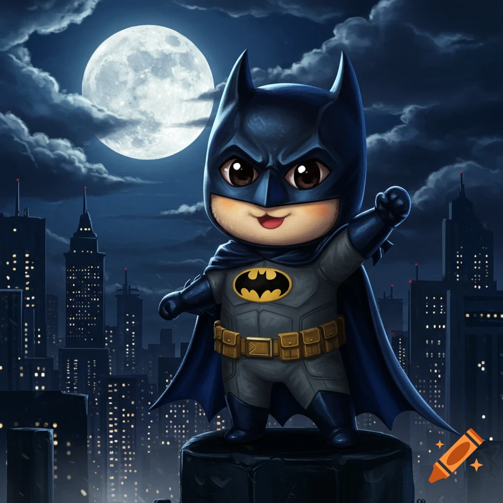 A cute, chibi-style Batman stands on a dark Gotham rooftop, backdropped by a large full moon and city lights.