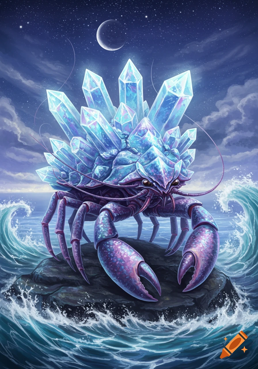A vibrant, fantasy illustration of a large, crystalline crab creature on a rock in a moonlit ocean.