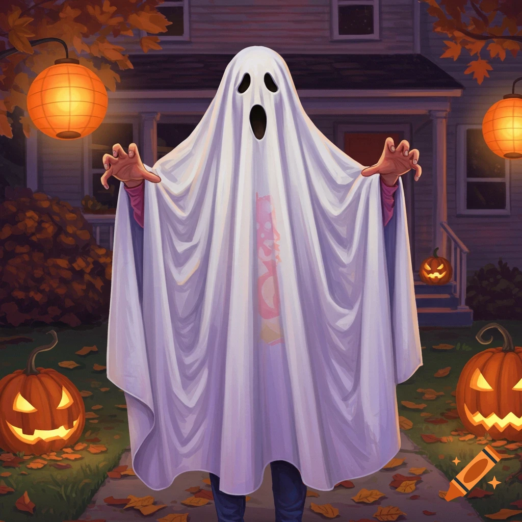 A person dressed as a sheet ghost stands in front of a house at night, surrounded by glowing jack-o'-lanterns and autumn leaves.