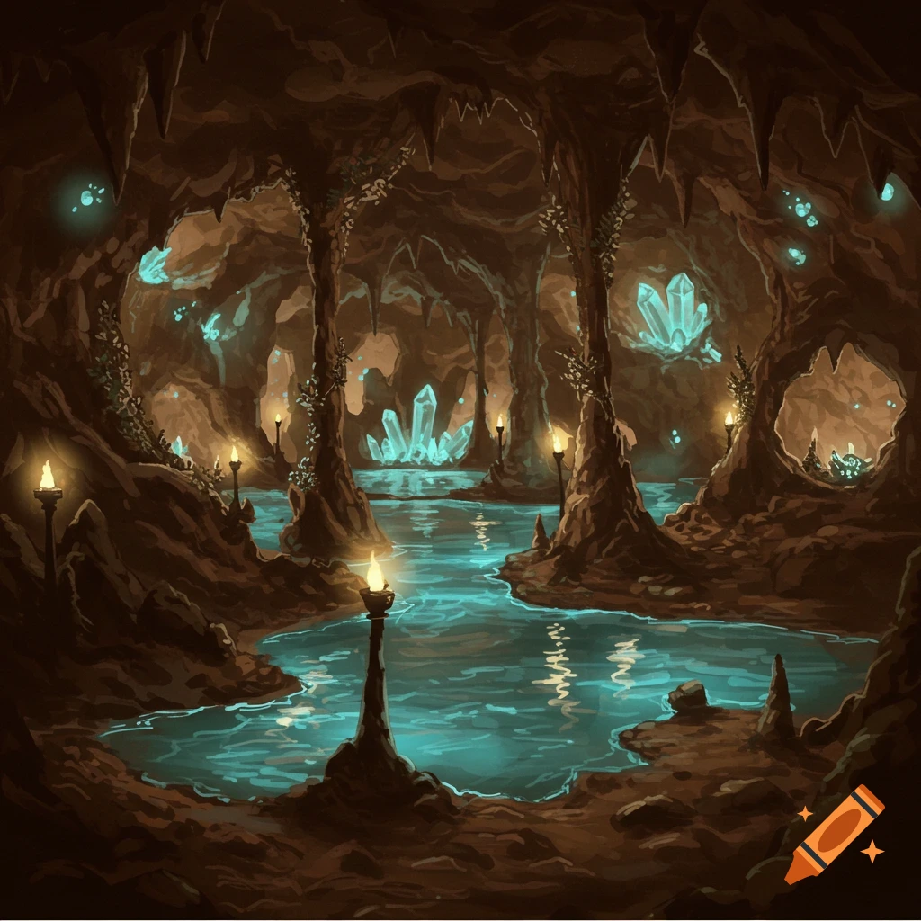 A fantasy illustration of a glowing blue river flowing through a dark cave illuminated by lanterns and blue crystals.