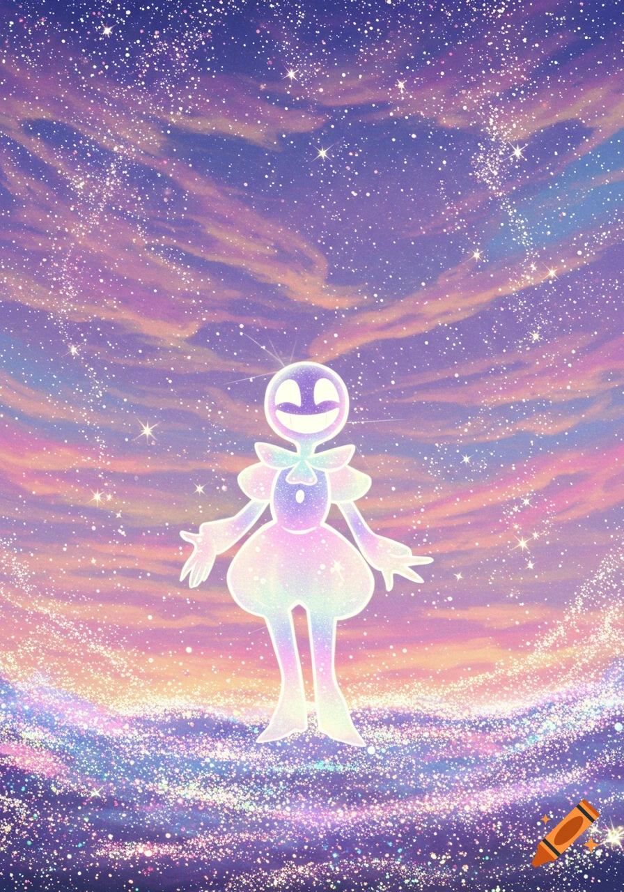A glowing, cartoon character with a wide smile stands against a background of a purple and orange starry sky filled with twinkling stars.
