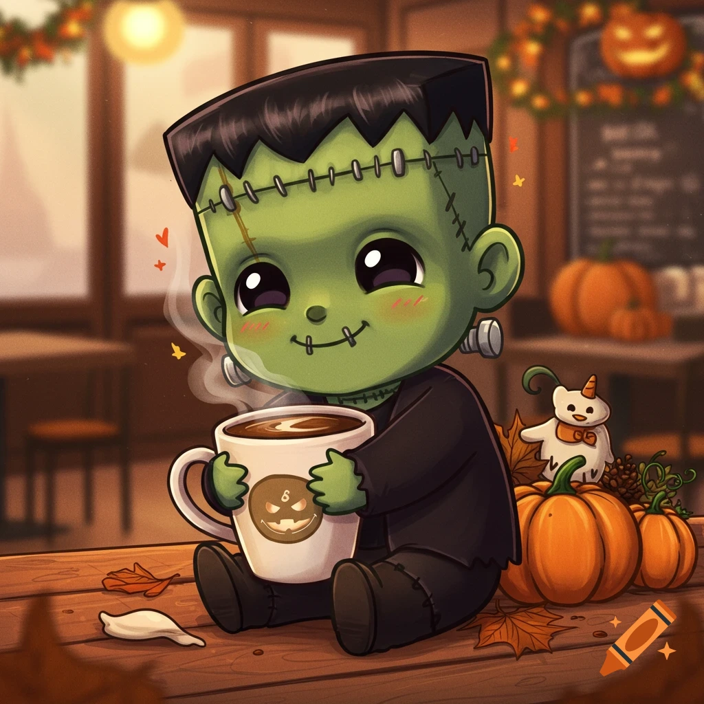 Cute chibi Frankenstein monster sitting with a steaming coffee cup, surrounded by pumpkins and autumn leaves in a cafe setting.