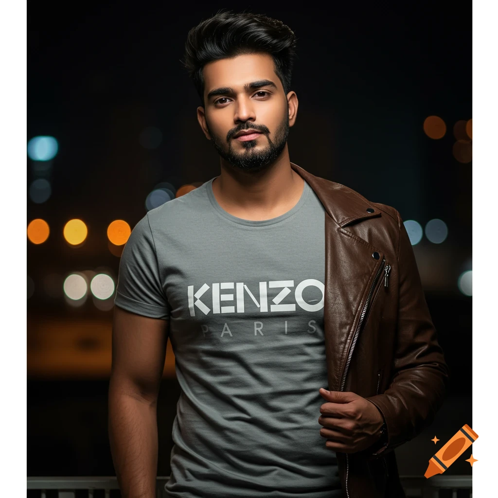 A man in a grey Kenzo t-shirt and brown leather jacket, with a black beard, stands against a dark background with blurred lights.