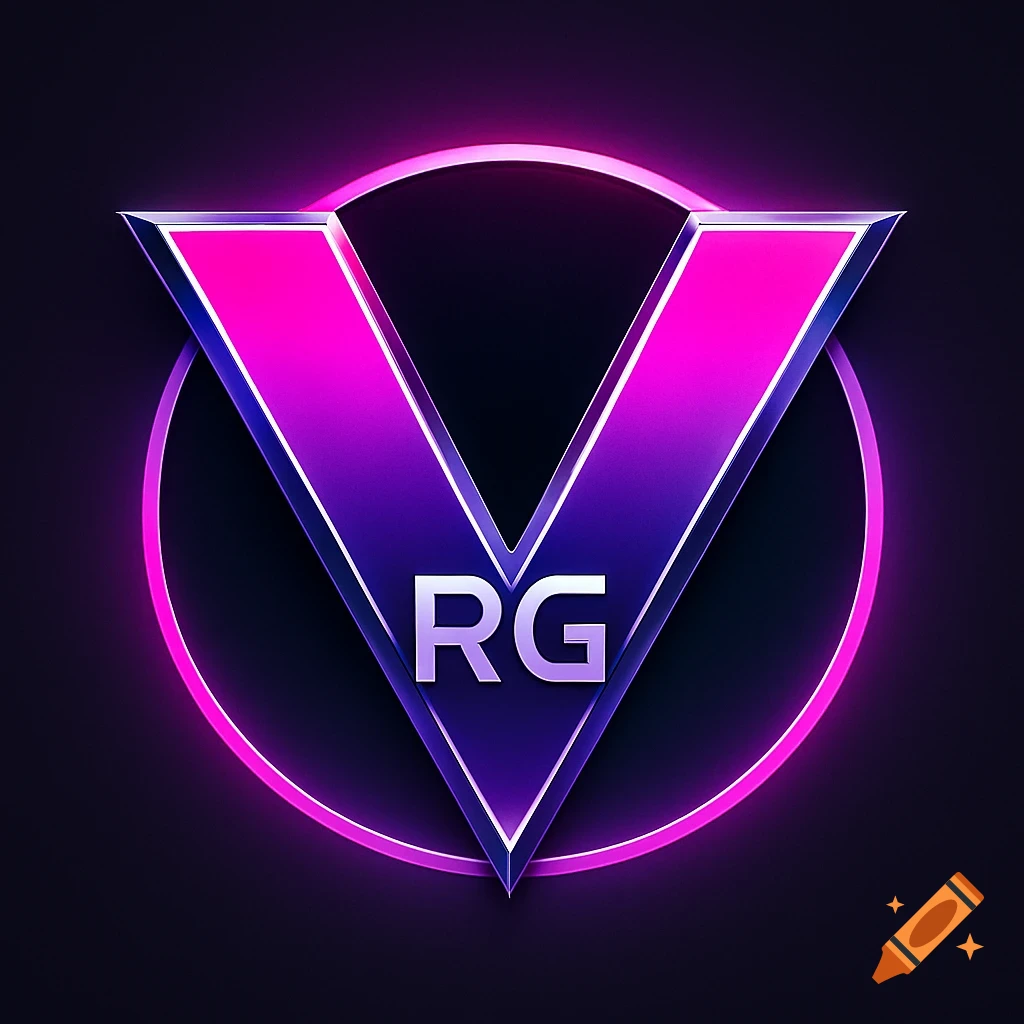 A metallic, fuchsia and violet gradient letter V inside a glowing pink circle on a dark background, with smaller silver letters RG at its base.