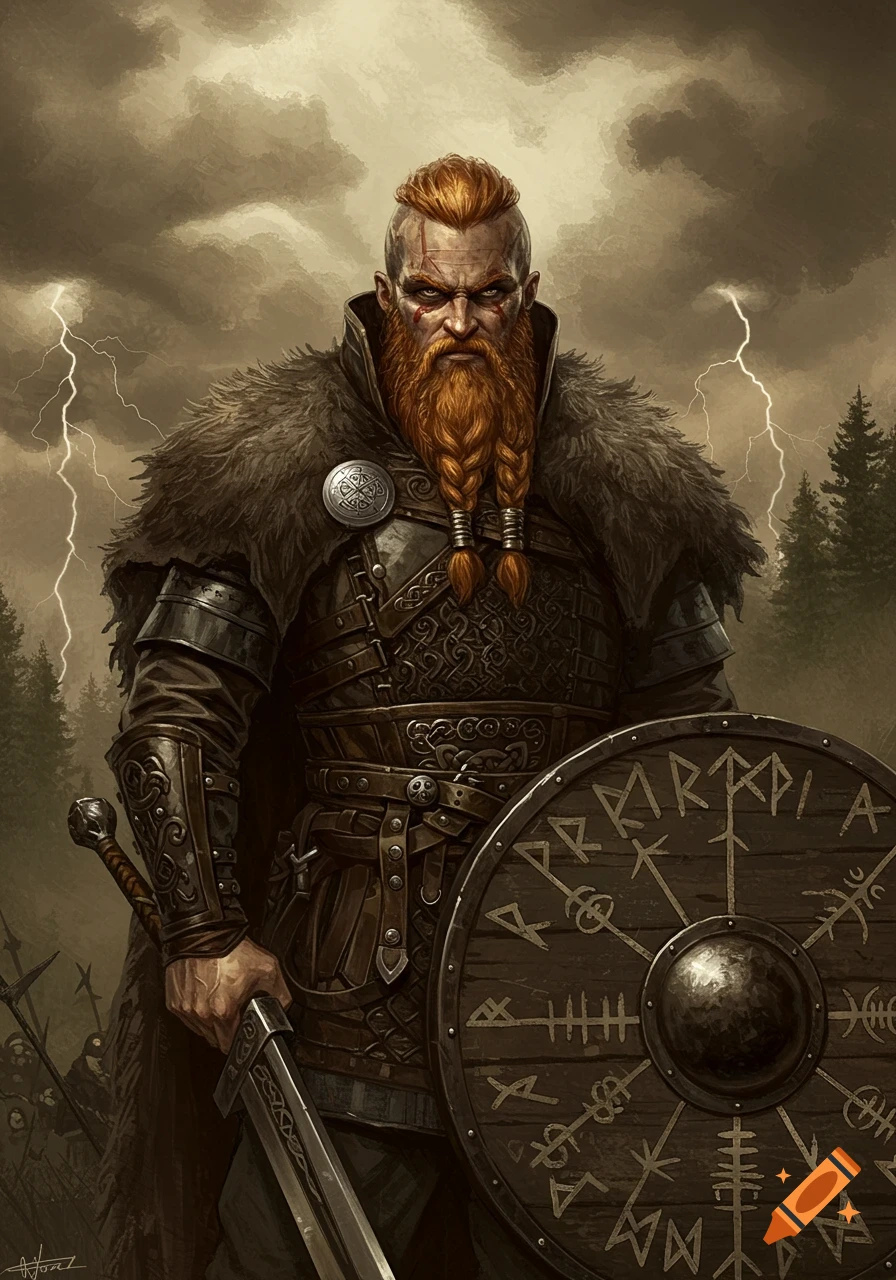 A formidable Viking warrior with a braided red beard and fur cloak stands with a sword and runic shield under a stormy, lightning-filled sky.