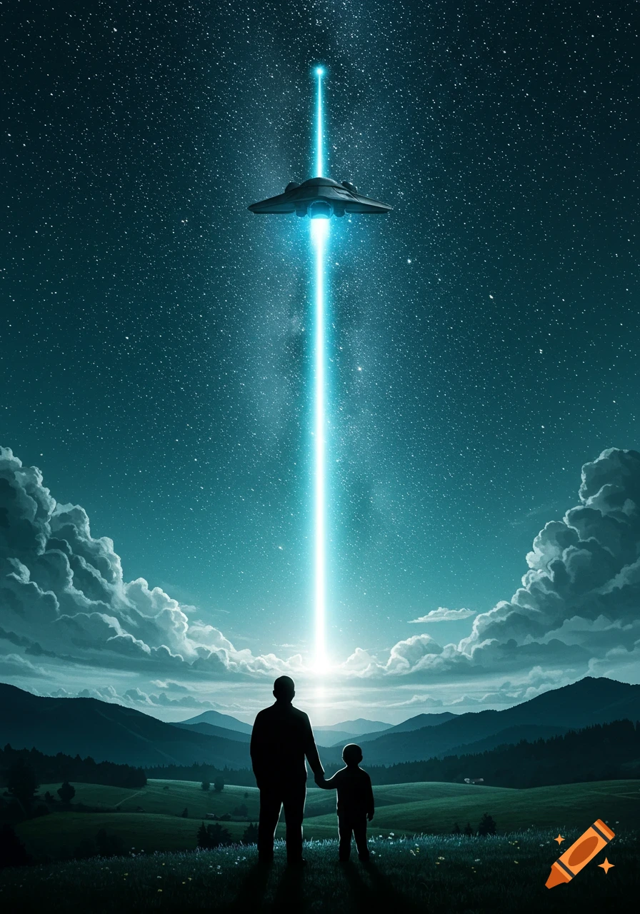 Silhouettes of a father and son stand in a field at night, gazing at a UFO beaming light into a starry sky over mountains.