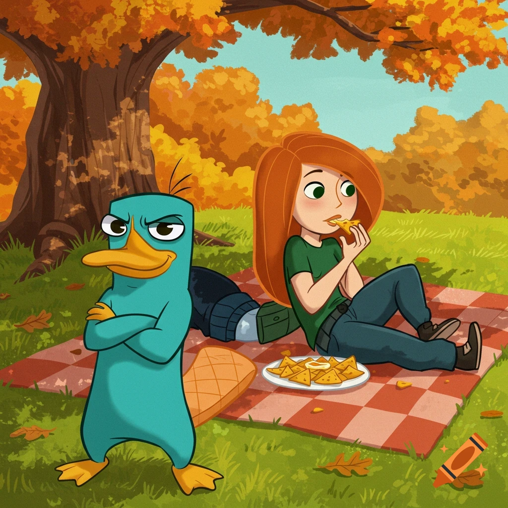 Cartoon of Perry the Platypus and Kim Possible having a picnic under autumn trees. Perry stands confidently, Kim eats nachos.