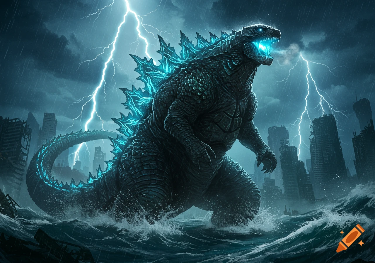 Giant Godzilla stands roaring in stormy ocean waves with blue glowing spikes, lightning strikes, and destroyed city buildings in the background.