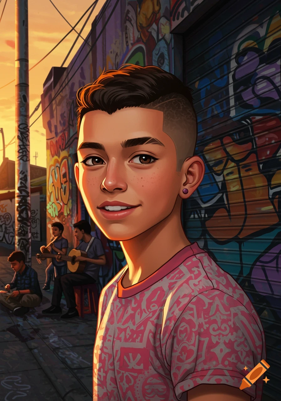 A stylized portrait of a smiling young man with a crew cut and freckles, wearing a pink patterned shirt, standing in front of a colorful graffiti-covered wall at sunset. Other people are in the background.