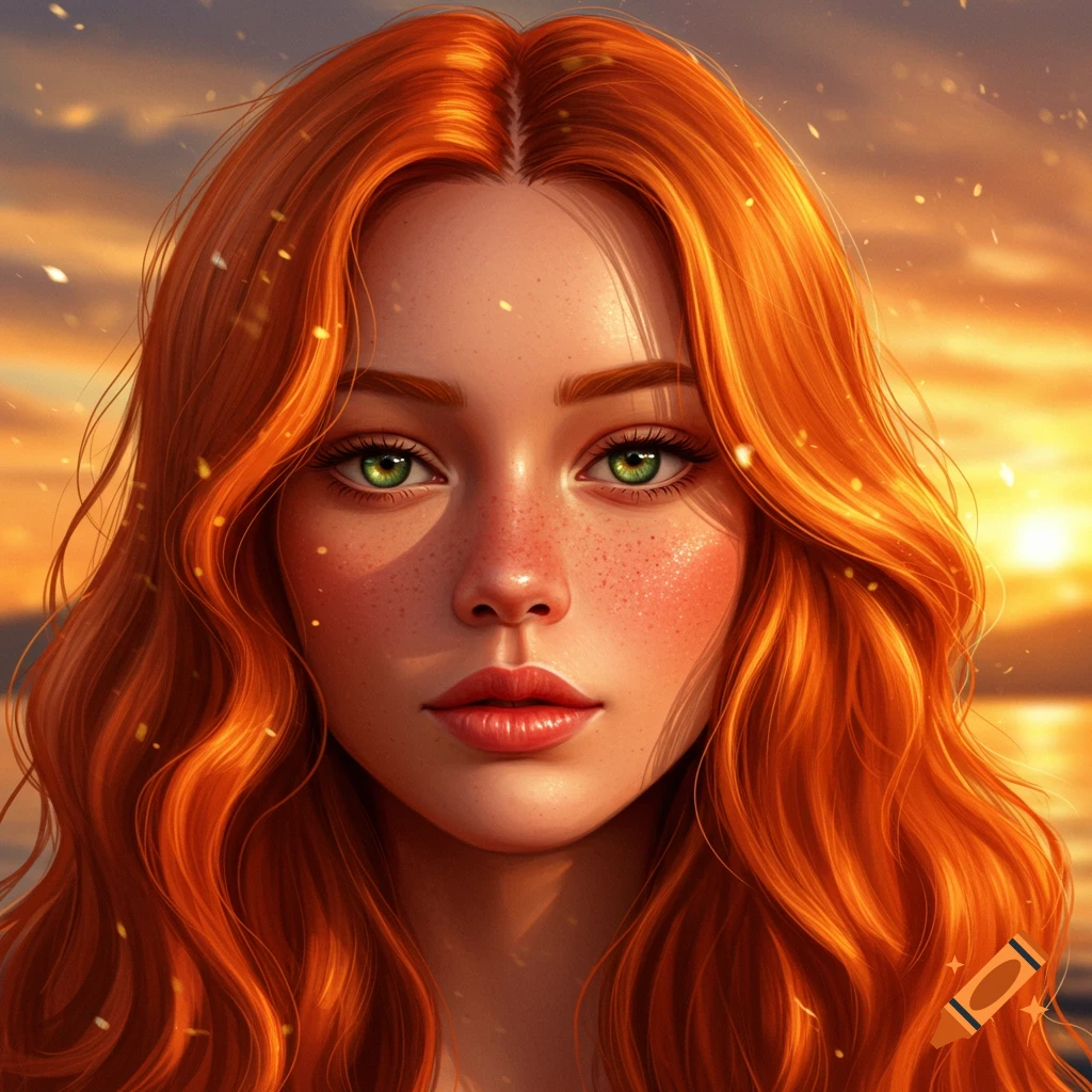A close-up digital portrait of a woman with long wavy red hair and green eyes, with a blurry sunset background.