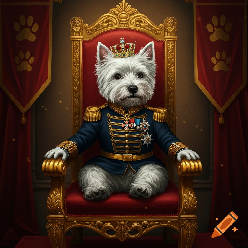 A white West Highland Terrier dog, wearing a royal blue military uniform with gold trim and a crown, sits majestically on a lavish red and gold throne.