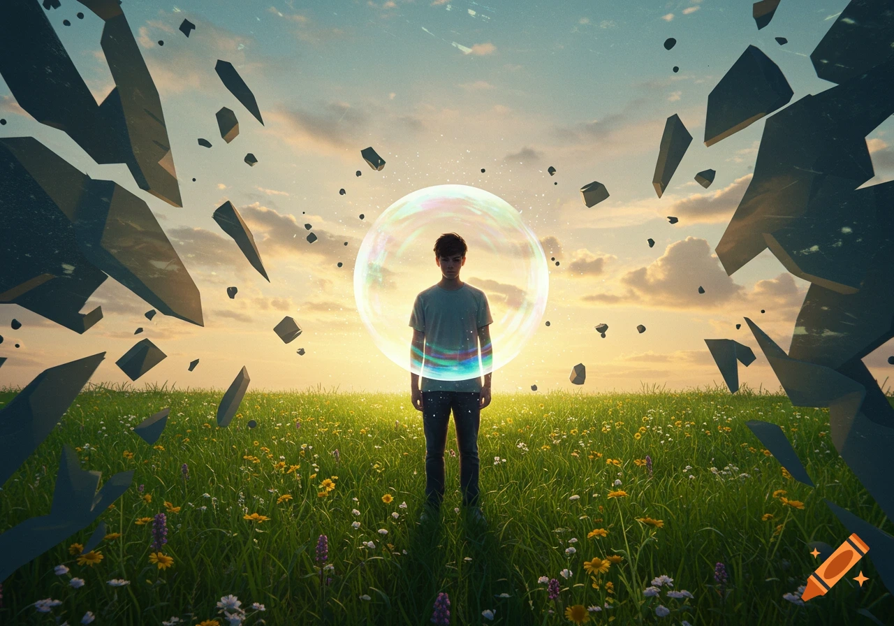 A person stands in a vibrant green field with a glowing, iridescent bubble around them, while large dark rock fragments float in the sunset sky.
