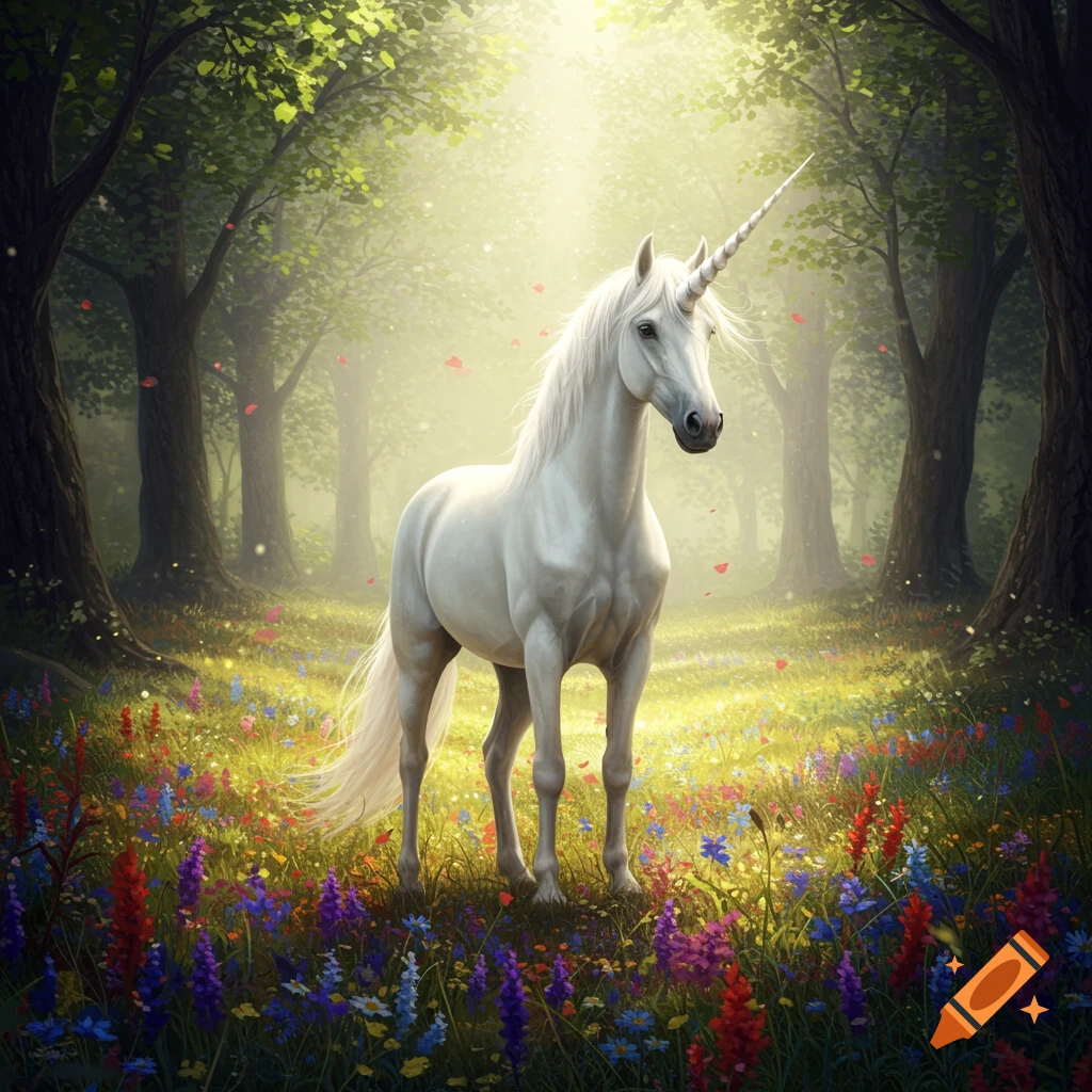 A majestic white unicorn stands in a sunlit forest clearing filled with colorful wildflowers.