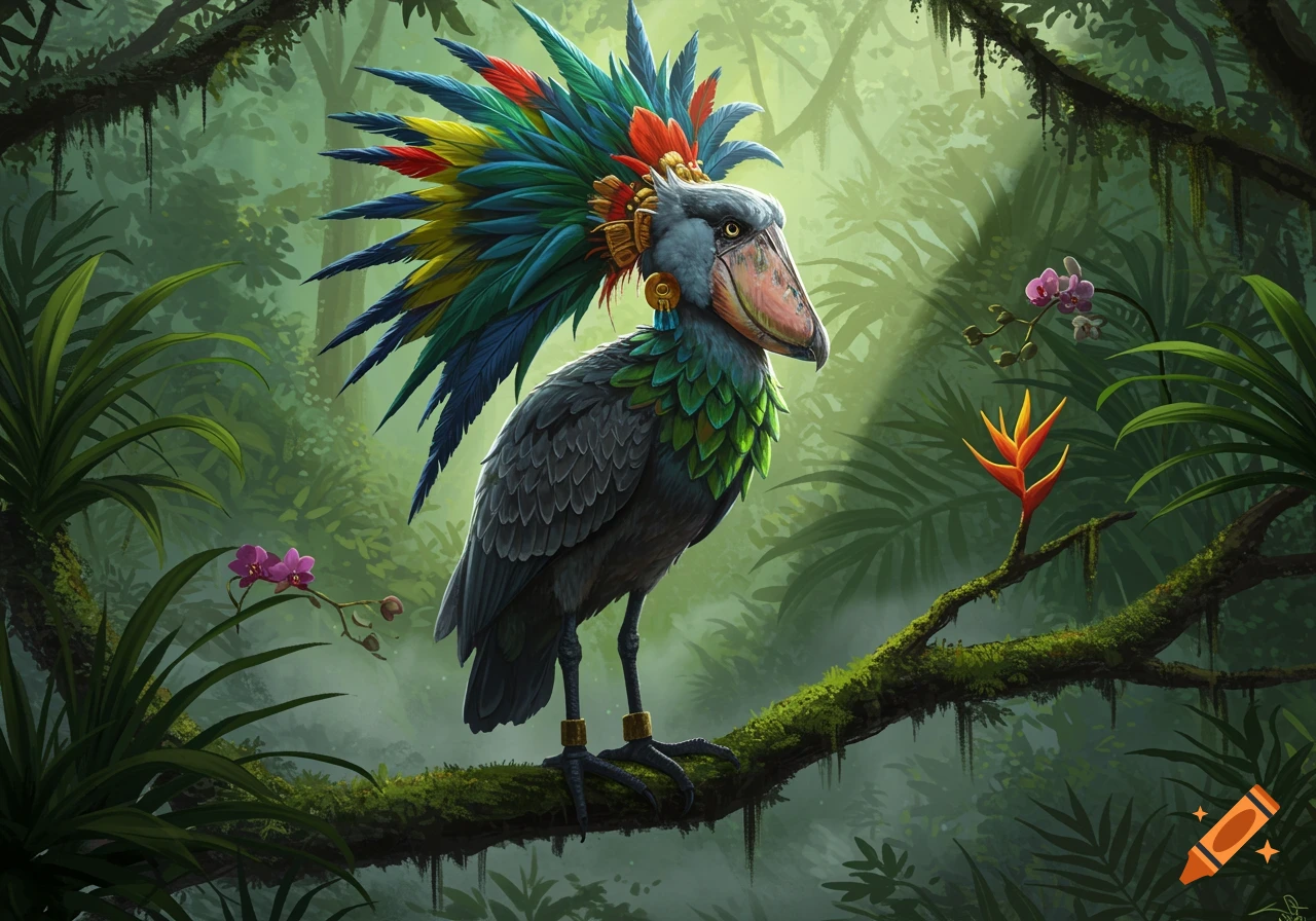 A majestic shoebill bird adorned with vibrant, colorful feathers like Quetzalcoatl, perches on a mossy branch in a lush, sunlit jungle.