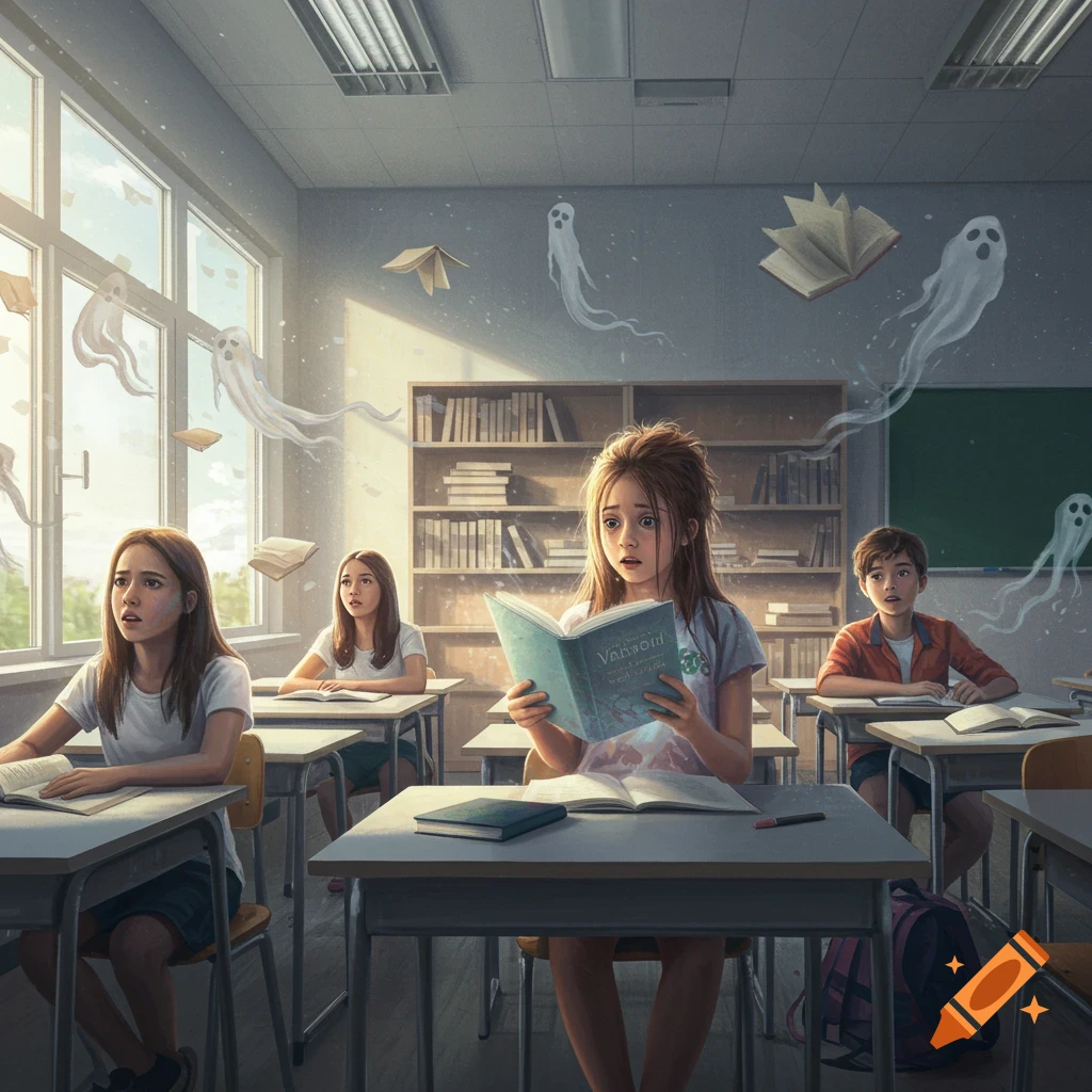 Students look surprised in a classroom as ghostly figures and books float around them in a whimsical, illustrative style.