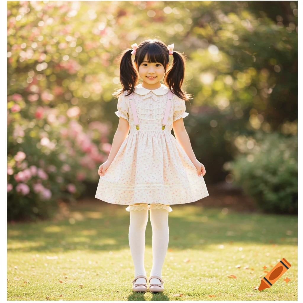 Smiling young girl in a pink and white dress, pigtails, white stockings, and beige shoes, standing in a sunny outdoor park with blurred flowers.