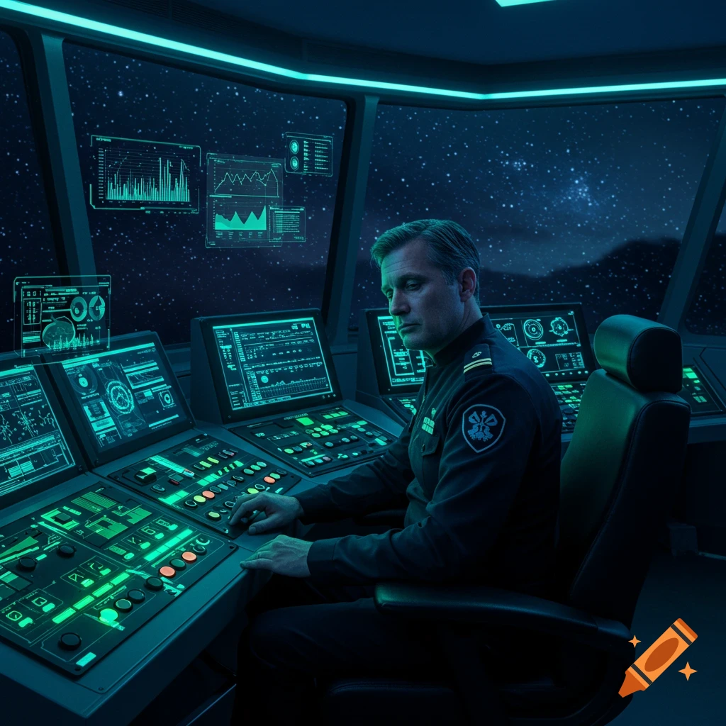 A man in a uniform sits at a futuristic control panel with glowing screens, looking out at space and stars.