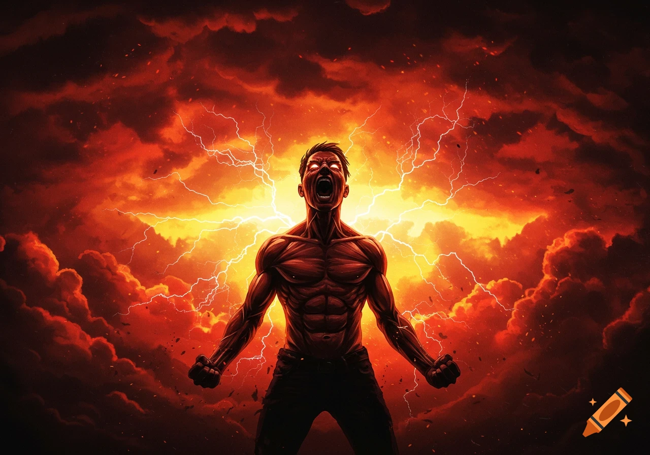 A muscular man with glowing eyes screams in rage amidst a fiery, lightning-filled, stormy sky.